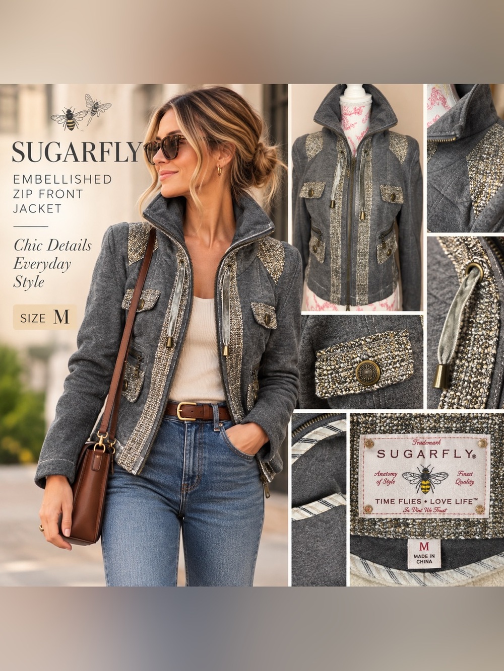 Sugarfly Gray Tweed Trim Hooded Zip Jacket Moto Military Style M (Fits like XS)